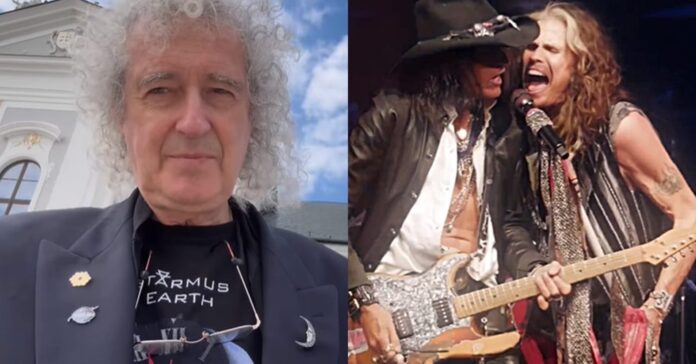 Brian May, guitarrista do Queen, e Steven Tyler e Joe Perry, integrantes do Aerosmith