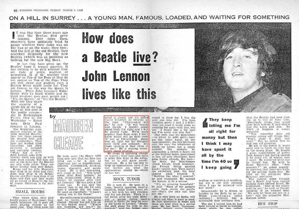 Trecho do jornal London Evening Standard onde John Lennon faz sua polêmica declaração sobre Beatles e Jesus