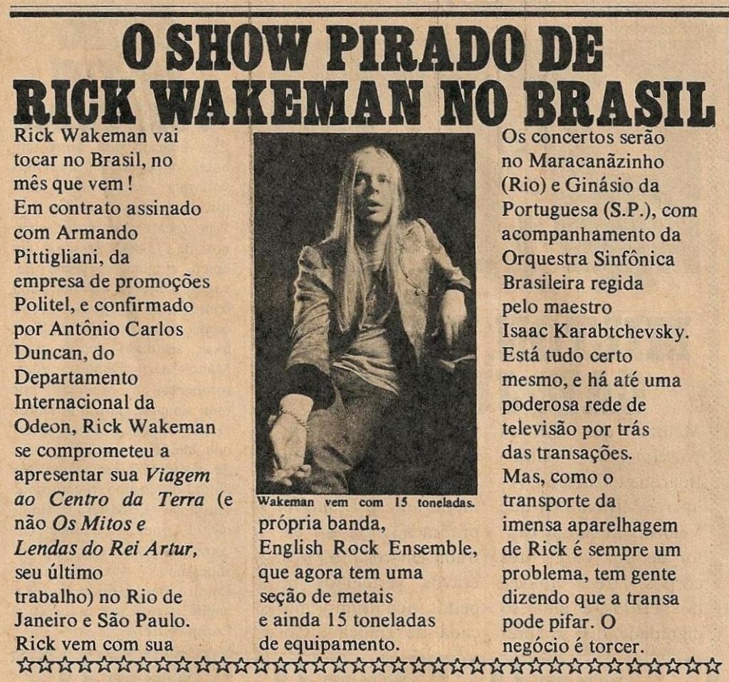 Reportagem da revista Pop sobre os shows de Rick Wakeman no Brasil, em 1975