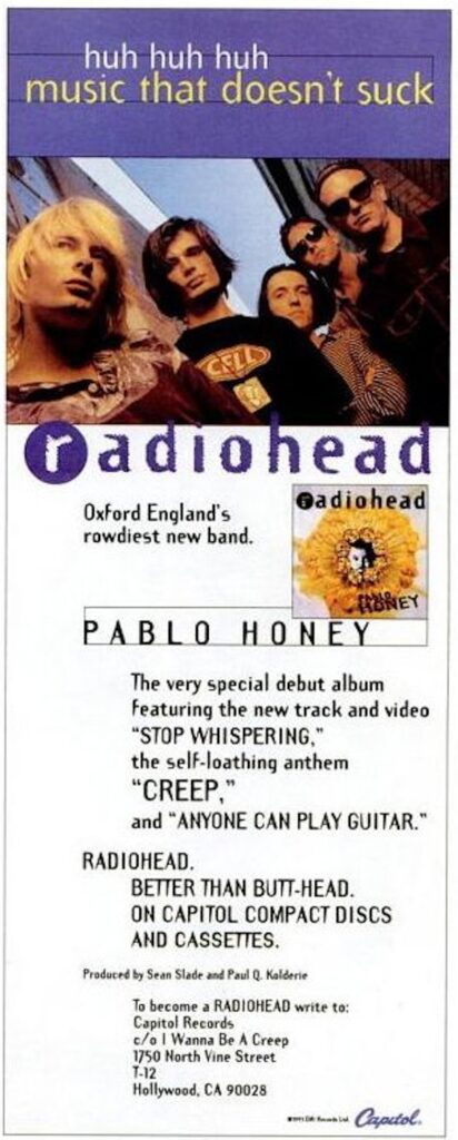 Peça publicitária de "Pablo Honey", álbum do Radiohead, usando "aprovação" dos personagens de "Beavis and Butt-Head"