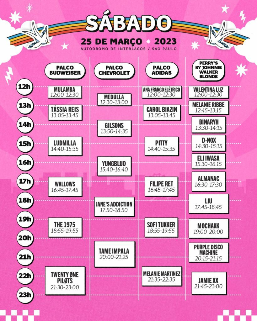 Horários de shows do Lollapalooza Brasil 2023 - sábado (25/03)