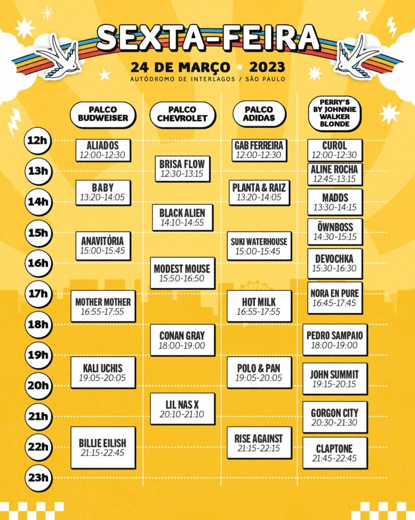Horários de shows do Lollapalooza Brasil 2023 - sexta-feira (24/03)
