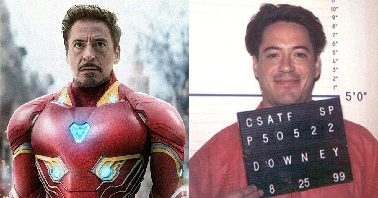 O ator Robert Downey Jr como o personagem Tony Stark (Homem de Ferro) e sendo preso, em 1999