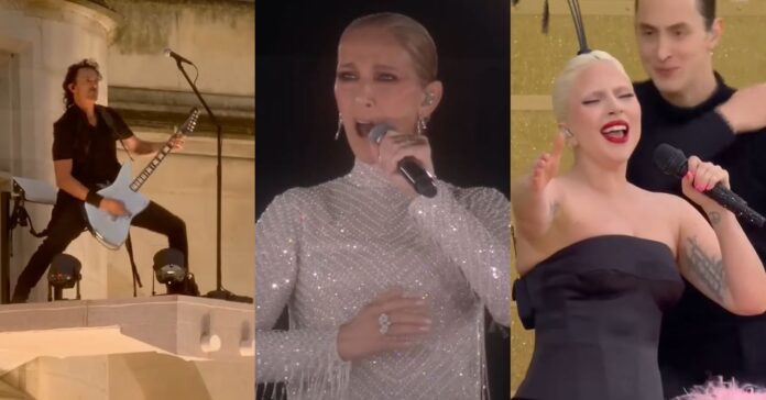 Gojira, Céline Dion e Lady Gaga durante shows na cerimônia de abertura da Olimpíada de Paris 2024