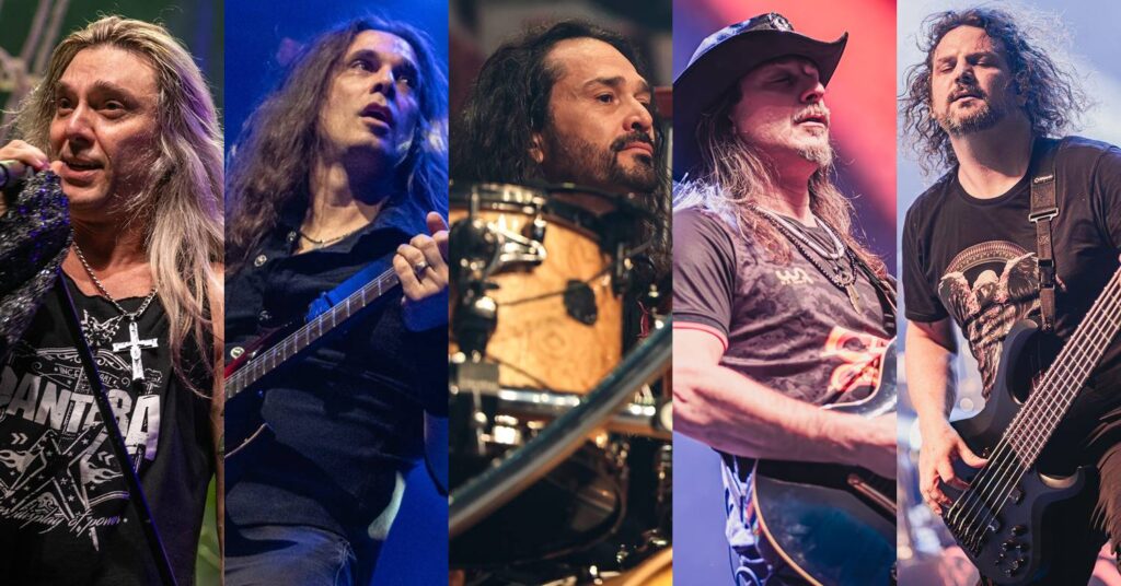 A formação Nova Era do Angra, com Edu Falaschi, Kiko Loureiro, Aquiles Priester, Rafael Bittencourt e Felipe Andreoli